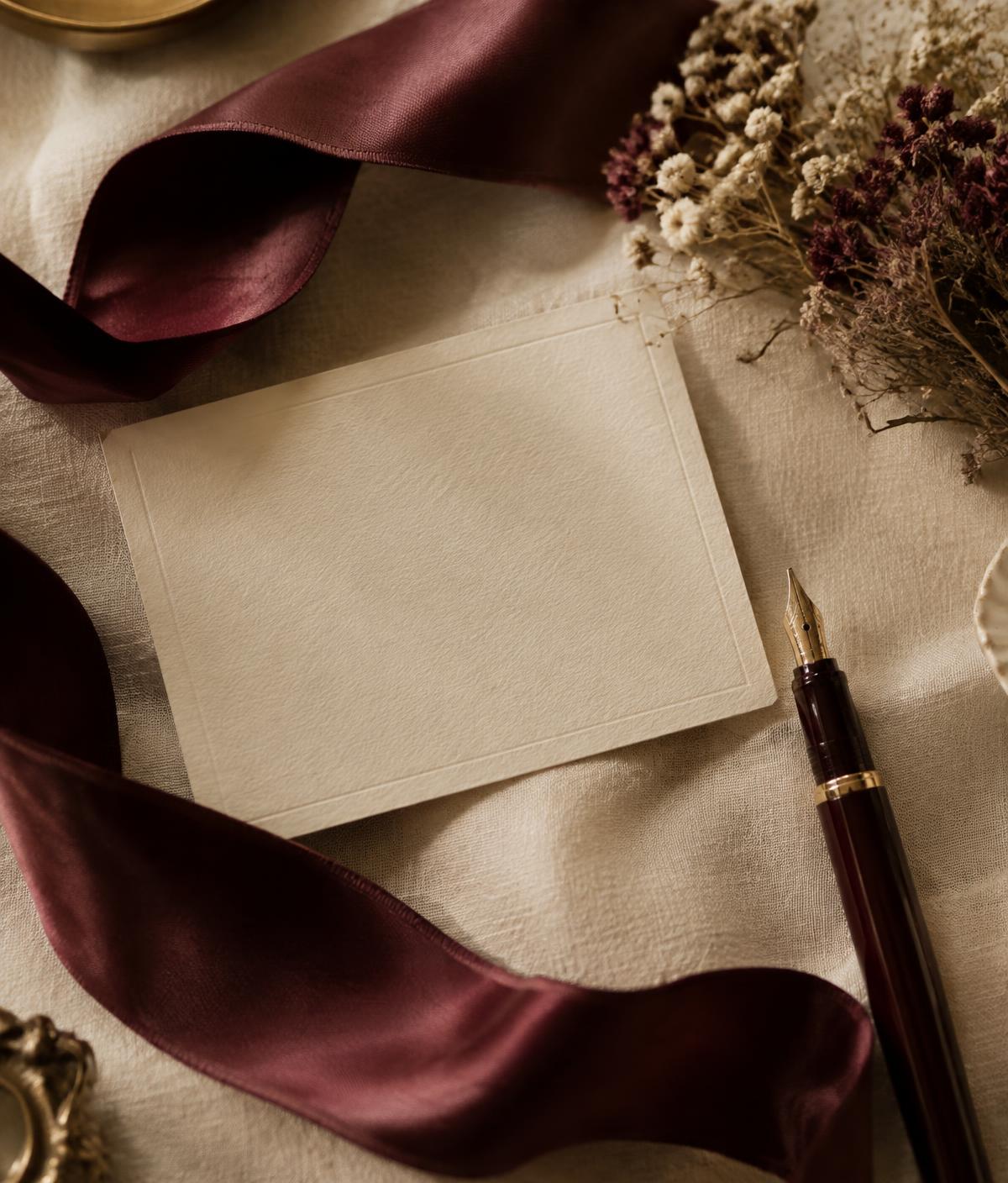 A blank gift card with burgundy ribbon and fountain pen