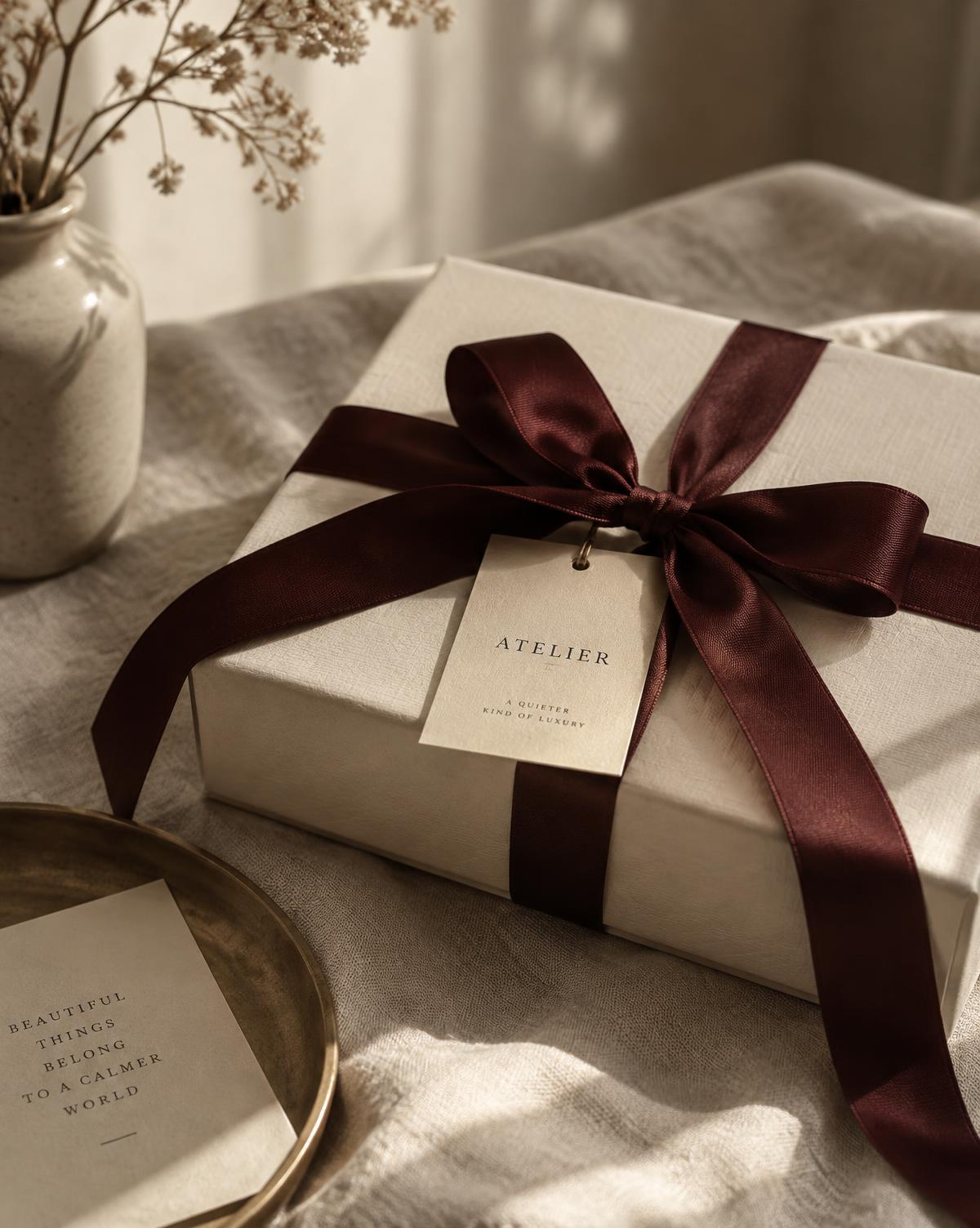 A cream gift box tied with a burgundy silk ribbon